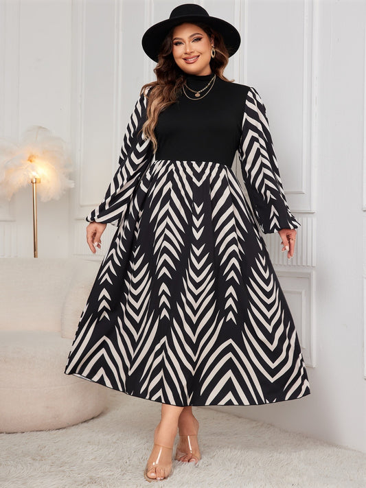 Plus Size Printed Mock Neck Long Sleeve Midi Dress