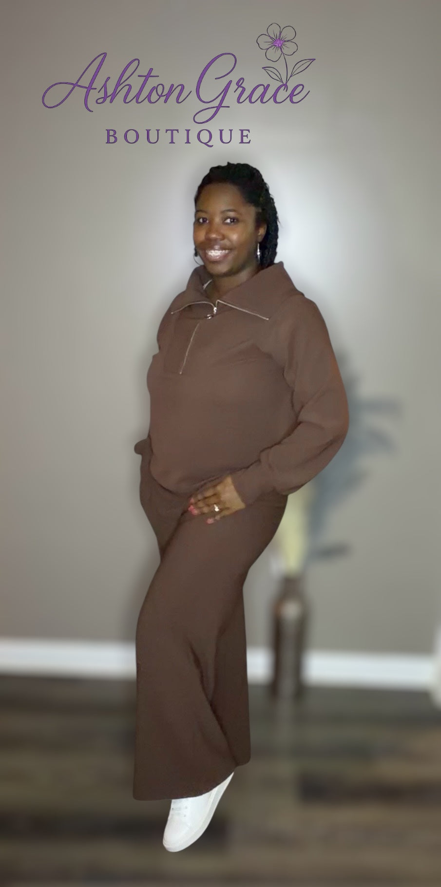 Ribbed High Neck Half Zip Pullover & Pants Set