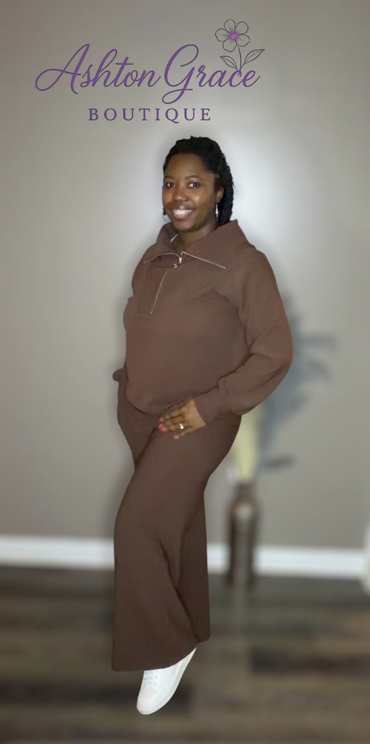 Ribbed High Neck Half Zip Pullover & Pants Set